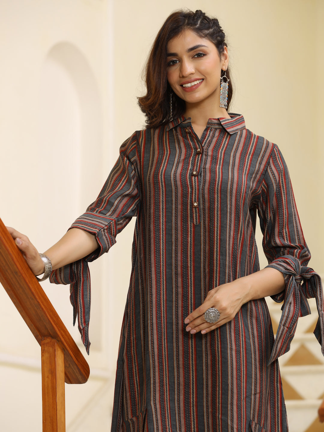 Chanderi Grey Stripes High Low Loose Fitting Pattern Kurta