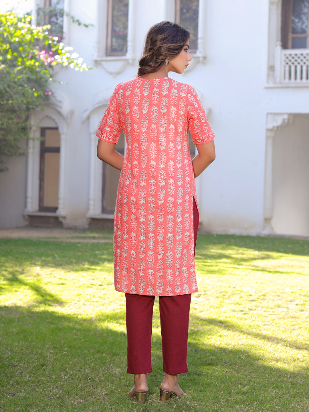 Peach Ethnic Motifs Straight Cotton Kurta With Pant