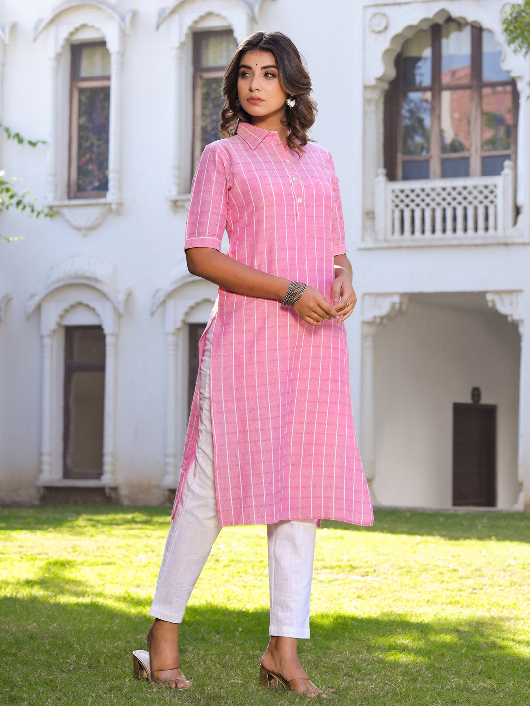 Pink Self Weave Straight Cotton Blend Kurta With Pant