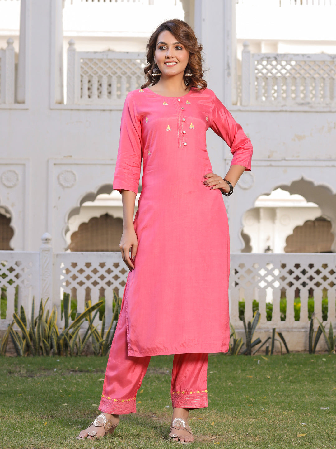 Peach Solid Straight Kurta With Palazzo