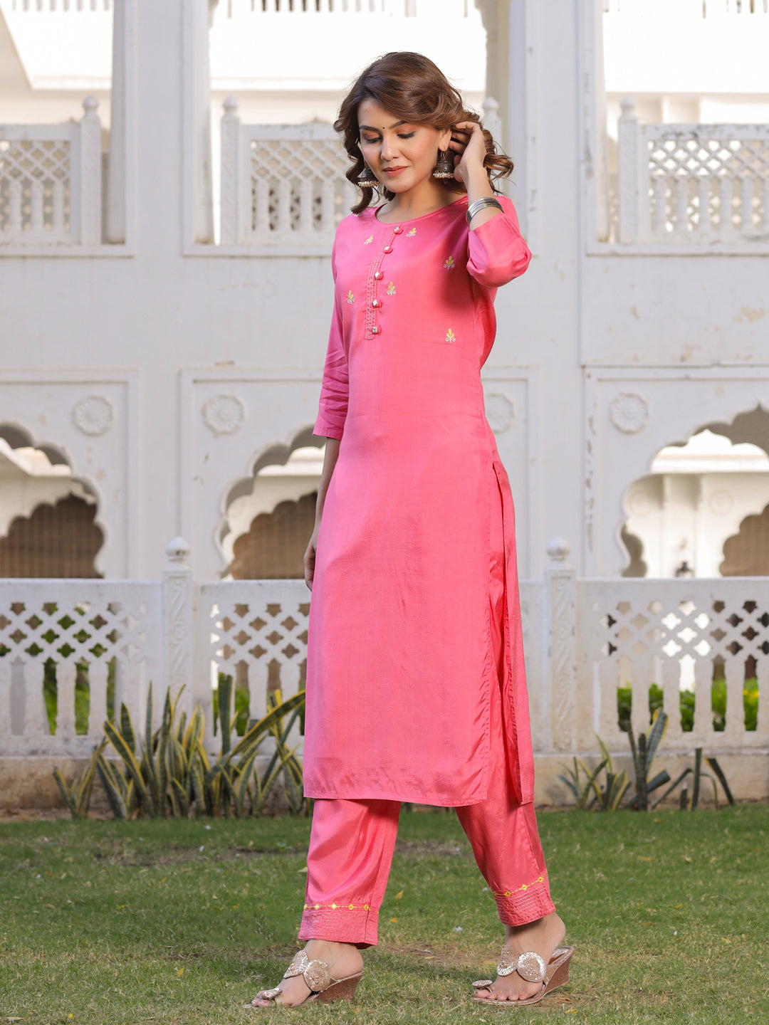 Peach Solid Straight Kurta With Palazzo