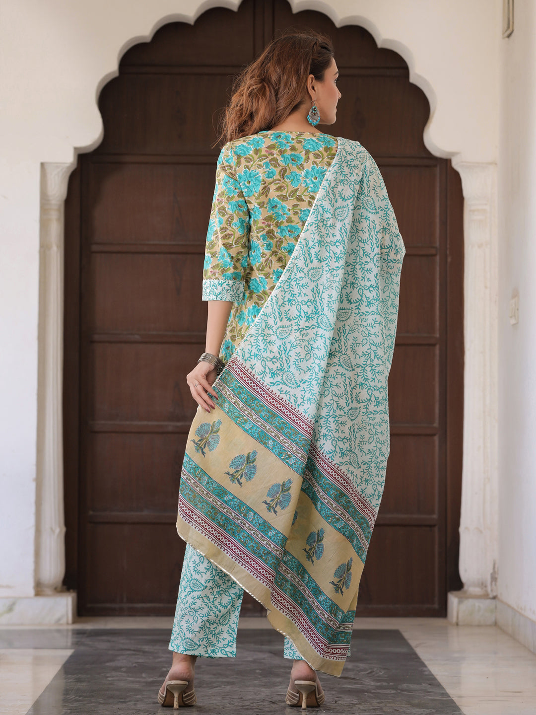 Turquoise Blue & Beige Floral Print Cotton Kurta With Palazzos & Dupatta