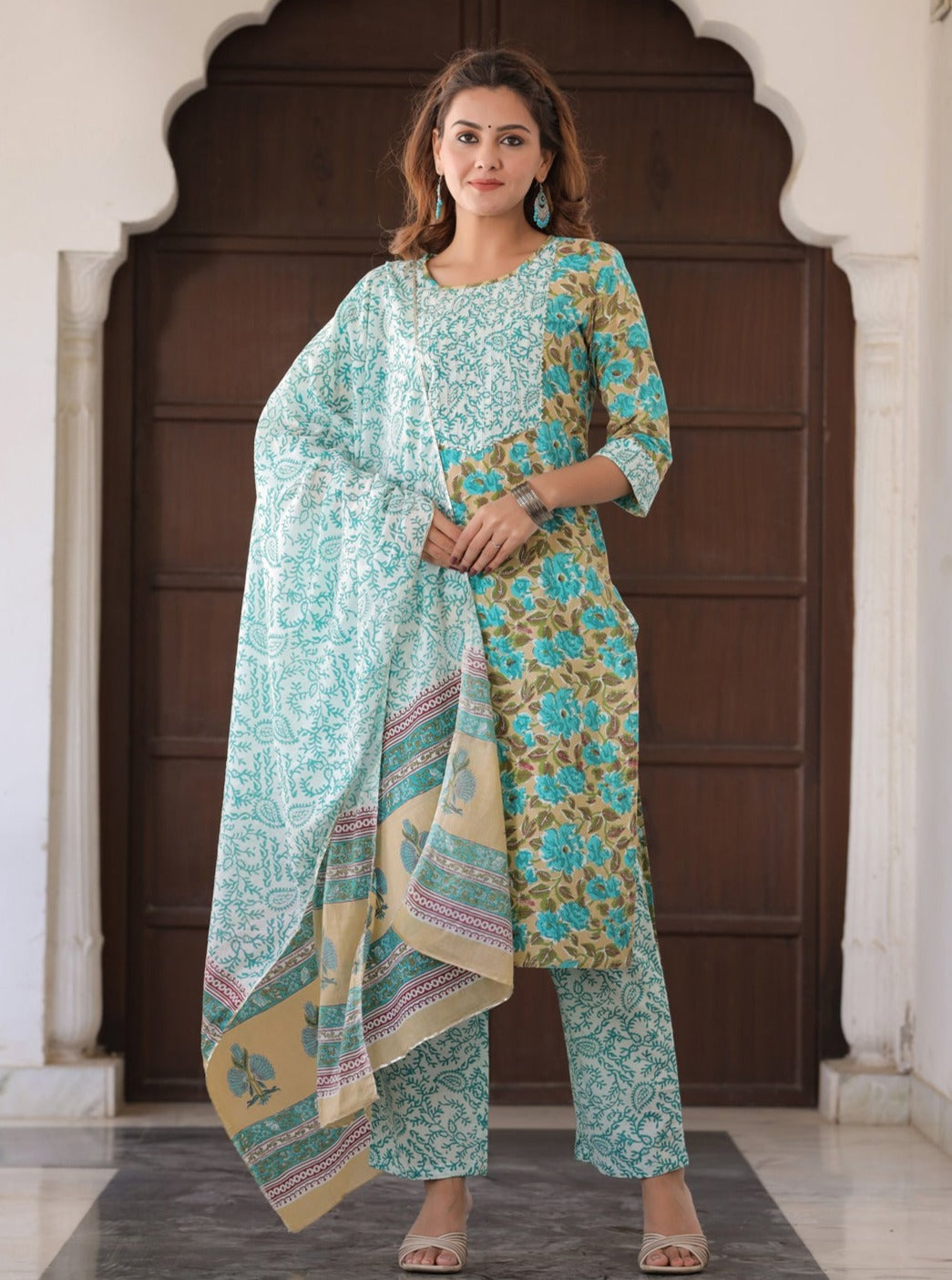 Turquoise Blue & Beige Floral Print Cotton Kurta With Palazzos & Dupatta