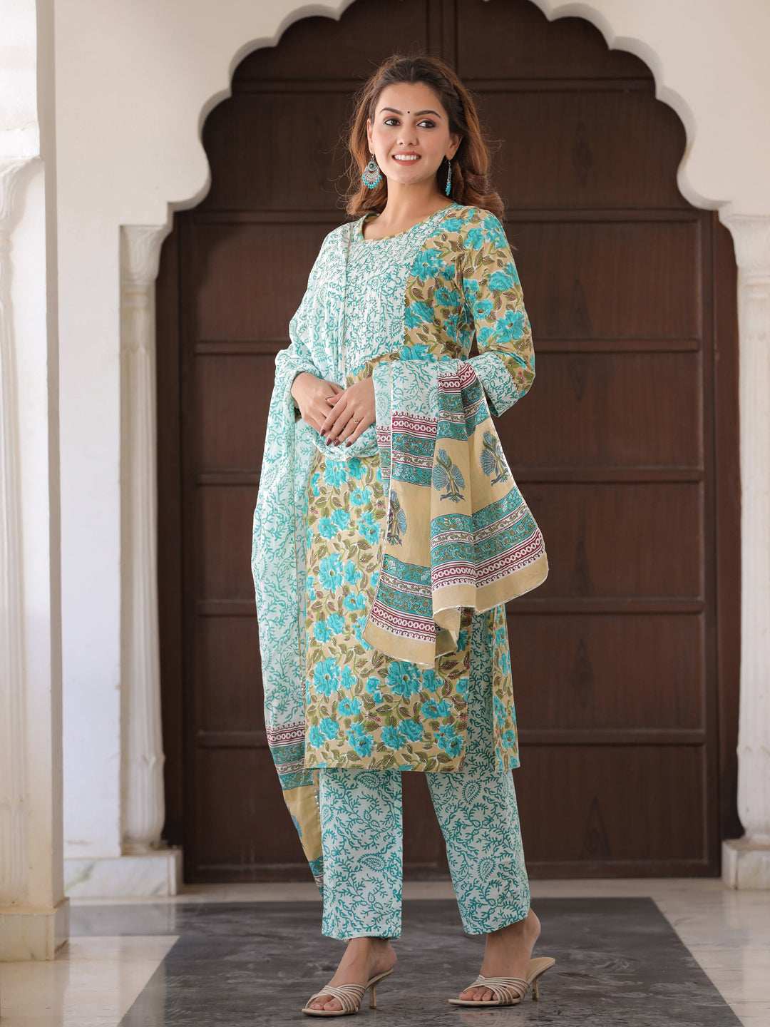 Turquoise Blue & Beige Floral Print Cotton Kurta With Palazzos & Dupatta