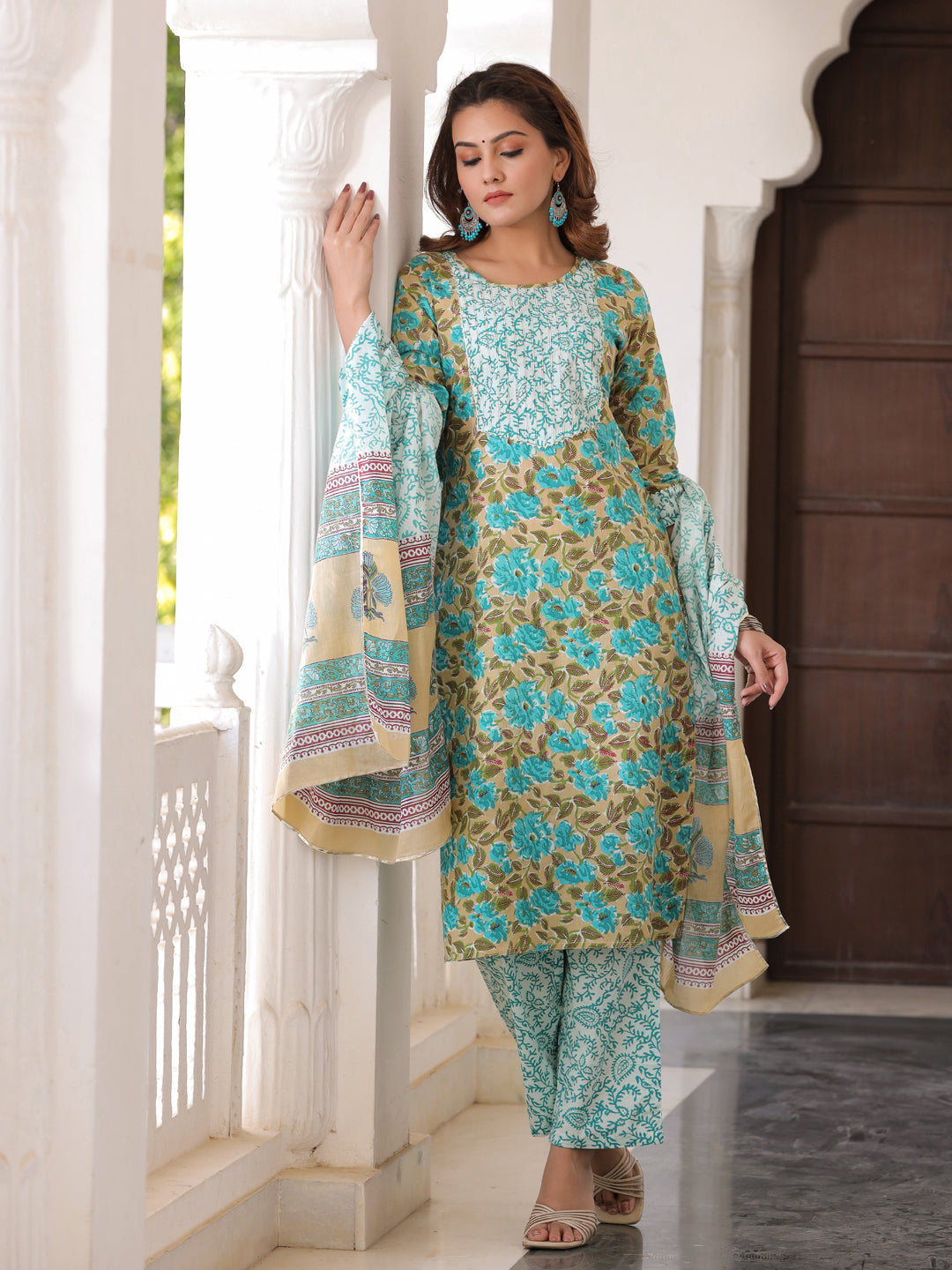 Turquoise Blue & Beige Floral Print Cotton Kurta With Palazzos & Dupatta