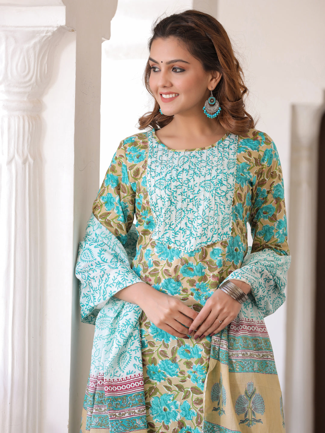 Turquoise Blue & Beige Floral Print Cotton Kurta With Palazzos & Dupatta