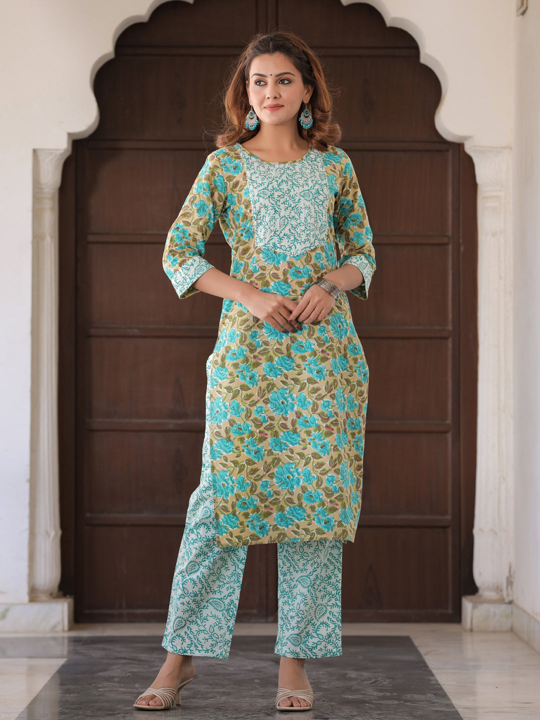 Turquoise Blue & Beige Floral Print Cotton Kurta With Palazzos & Dupatta