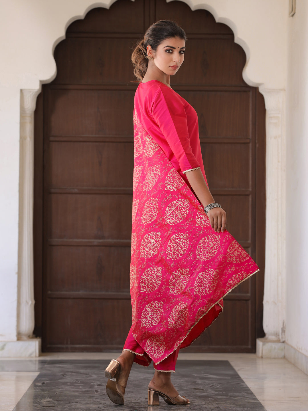 Pink Solid Straight Kurta With Gotta Work On Palazzo & Printed Dupatta