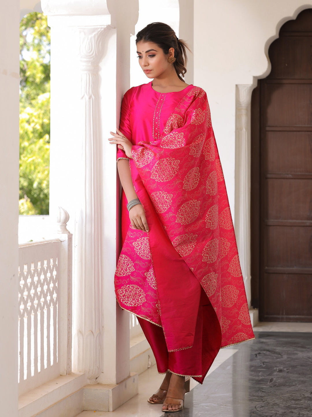 Pink Solid Straight Kurta With Gotta Work On Palazzo & Printed Dupatta