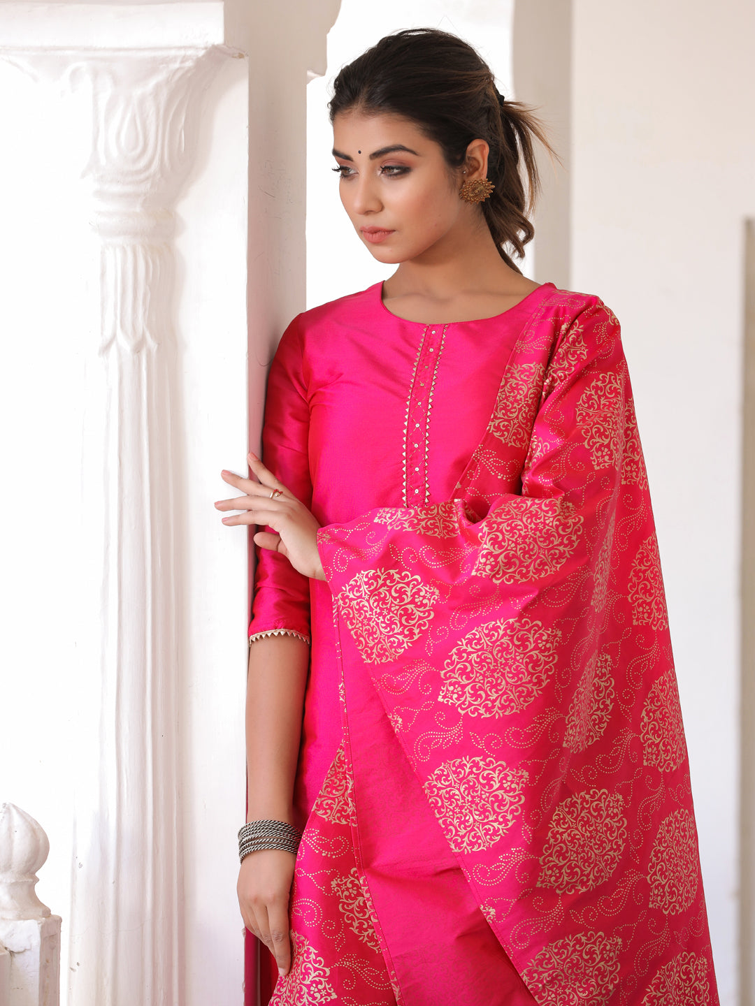 Pink Solid Straight Kurta With Gotta Work On Palazzo & Printed Dupatta