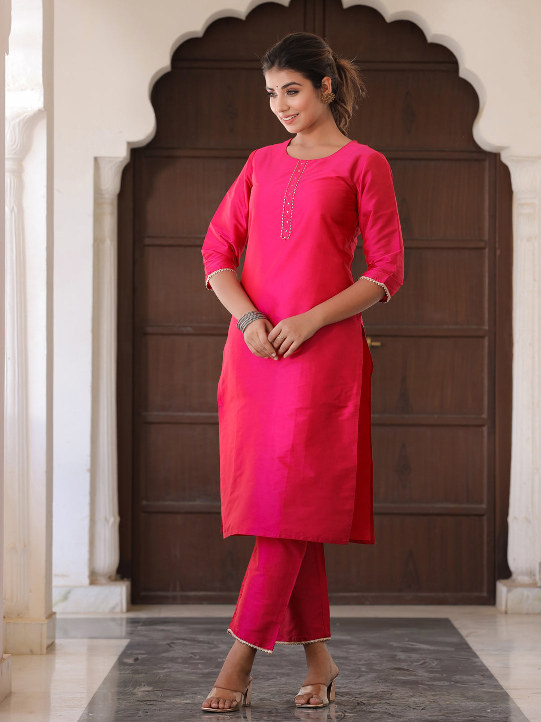 Pink Solid Straight Kurta With Gotta Work On Palazzo & Printed Dupatta