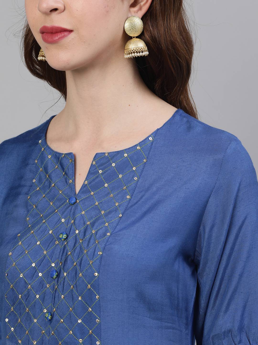 Blue Solid Straight Silk Crepe Kurta With Pant And Dupatta