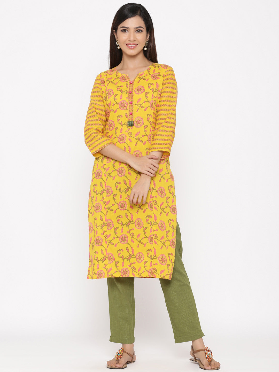 Yellow Floral Straight Cotton Kurta