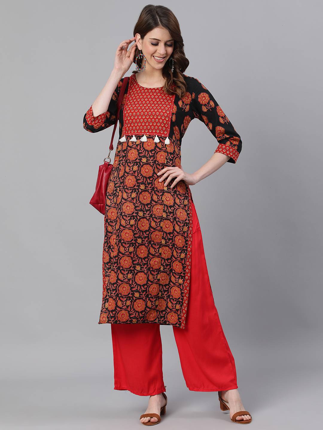 Black Ethnic Print Straight Cotton Kurtas