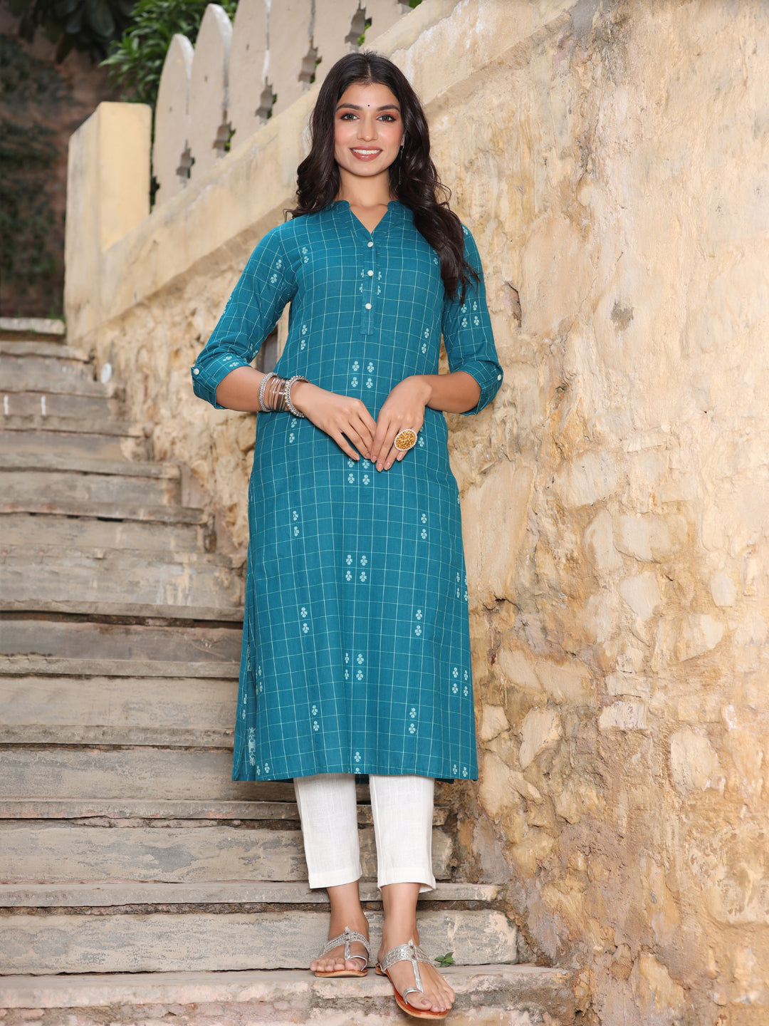 Teal Blue Checks Cotton Flared Kurta