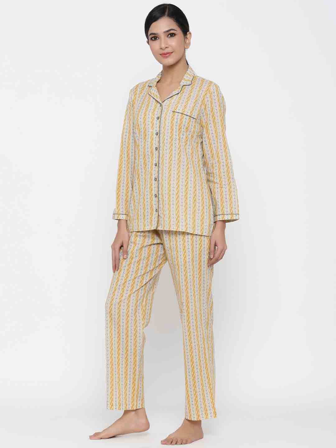 Mustard Ethnic Print Straight Cotton Sleepwear