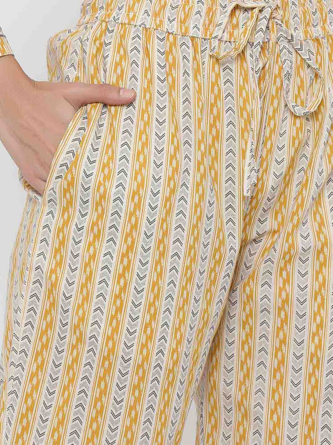 Mustard Ethnic Print Straight Cotton Sleepwear