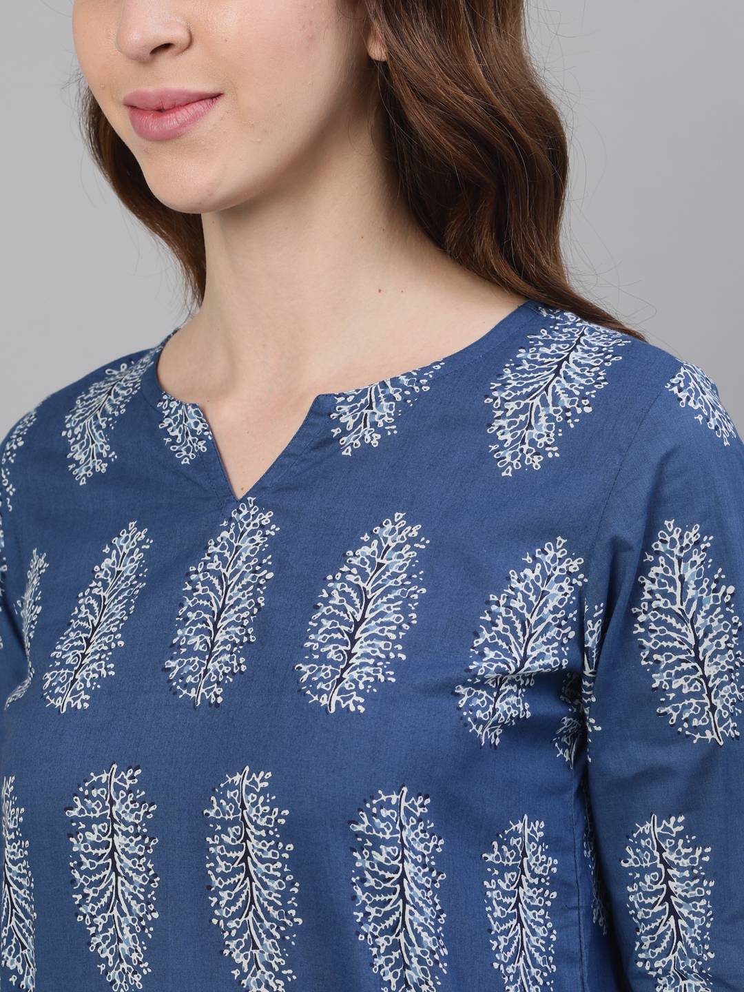 Blue & White Ethnic Printed Straight Cotton Sleepwear