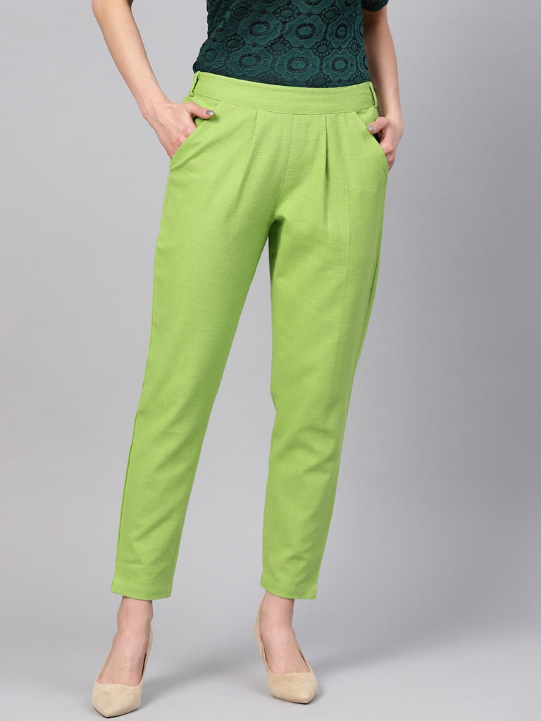 Jaipur Kurti Bottoms  Buy Jaipur Kurti Women Parrot Green Solid Straight  Cotton Slub Trouser Online  Nykaa Fashion