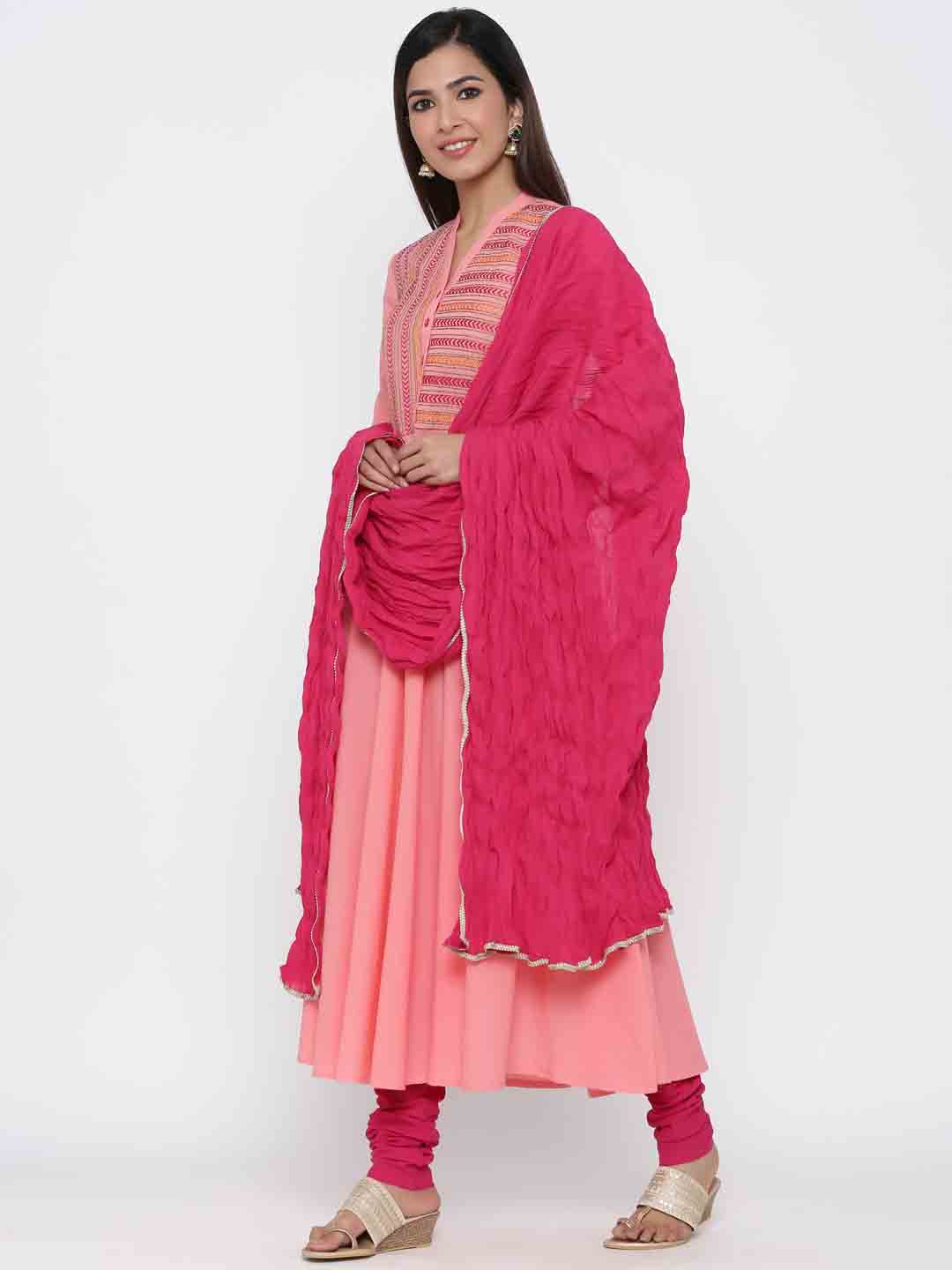 Peach Solid Anarkali Kurta Cotton With Churidar Salwar And Dupatta