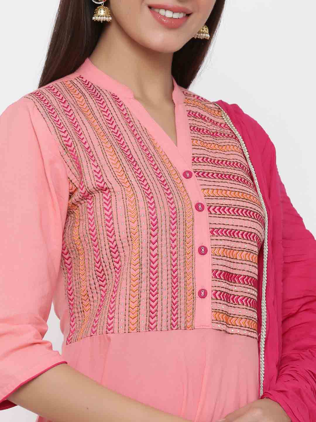 Peach Solid Anarkali Kurta Cotton With Churidar Salwar And Dupatta