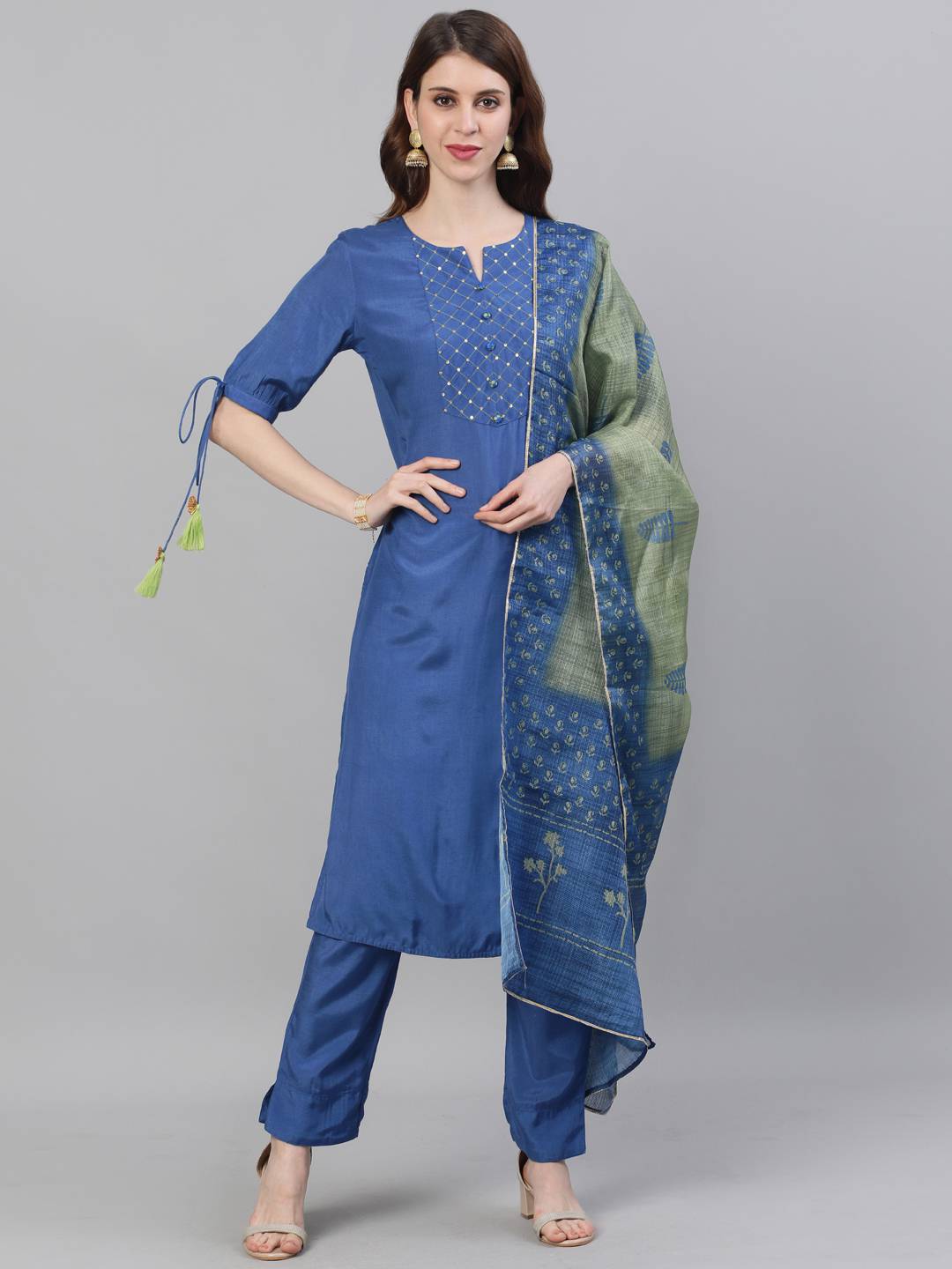 Blue Solid Straight Silk Crepe Kurta With Pant And Dupatta