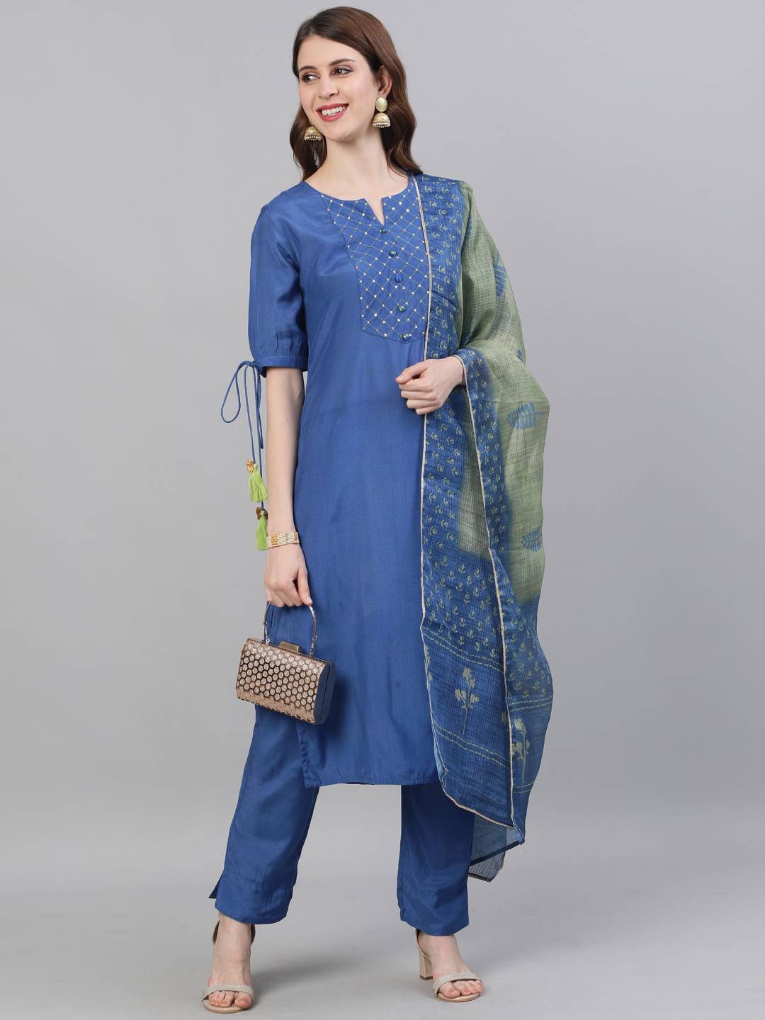 Blue Solid Straight Silk Crepe Kurta With Pant And Dupatta