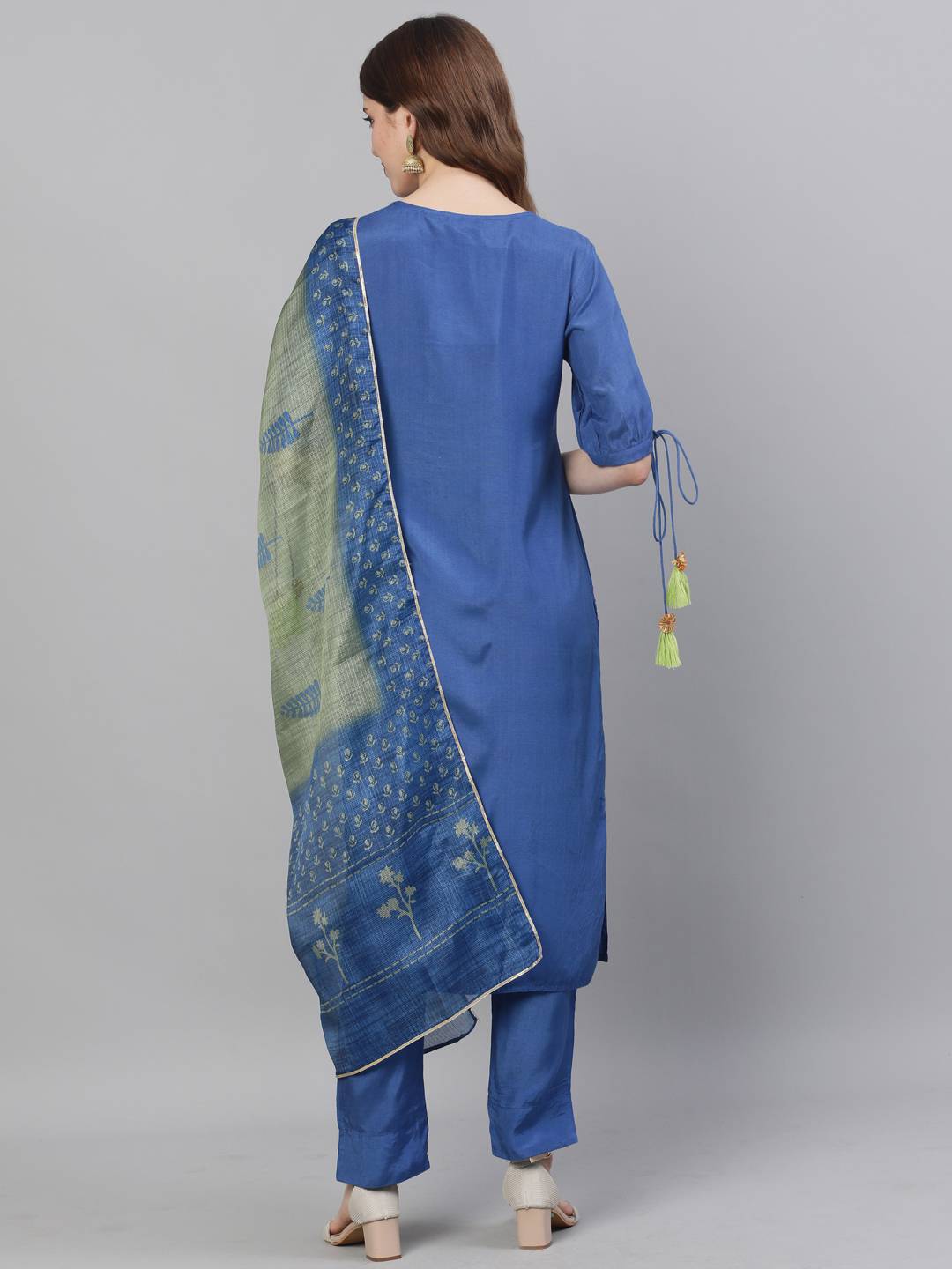 Blue Solid Straight Silk Crepe Kurta With Pant And Dupatta