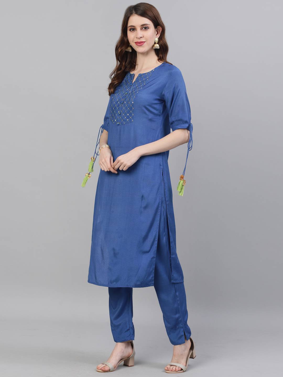 Blue Solid Straight Silk Crepe Kurta With Pant And Dupatta