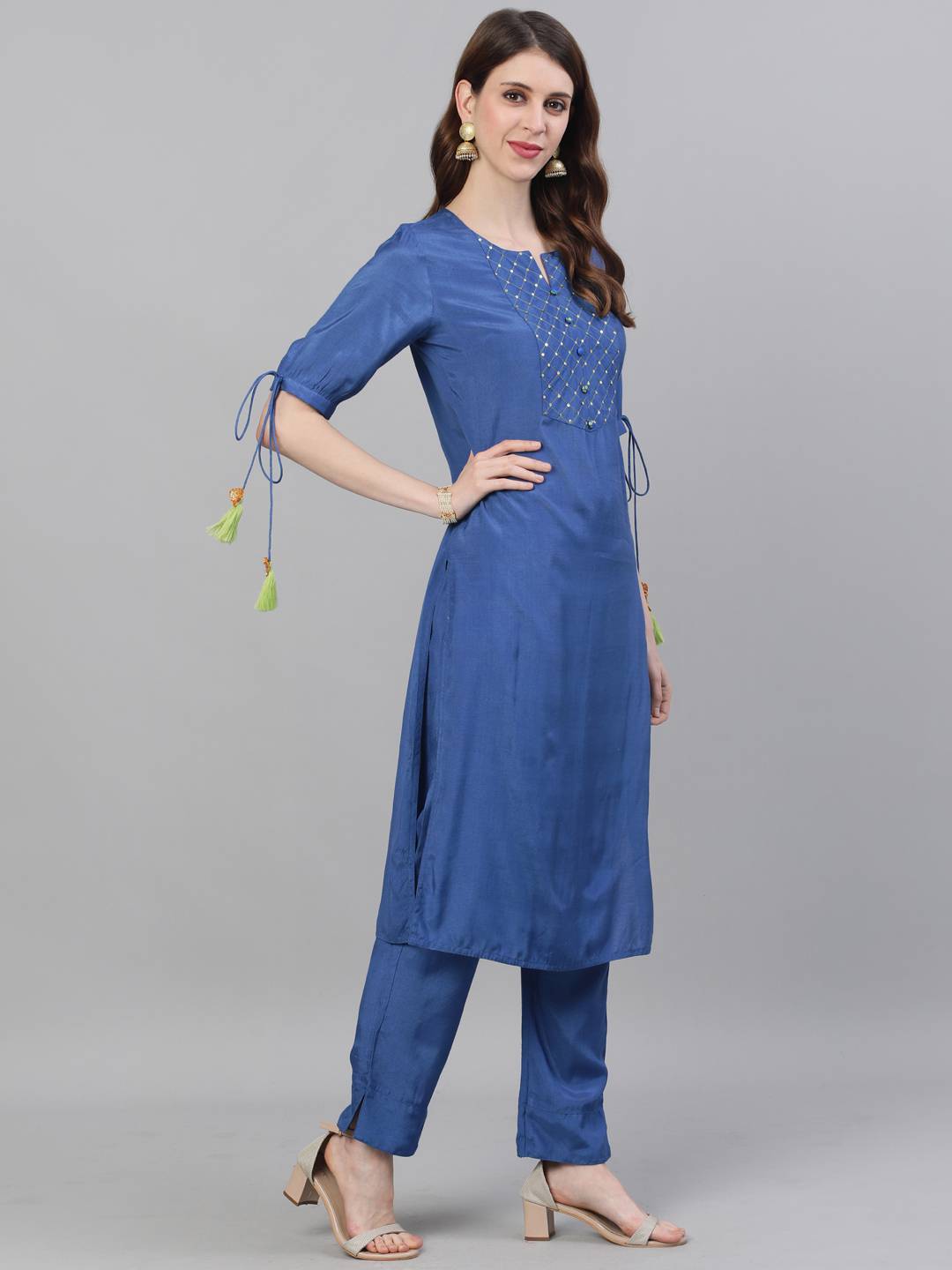 Blue Solid Straight Silk Crepe Kurta With Pant And Dupatta