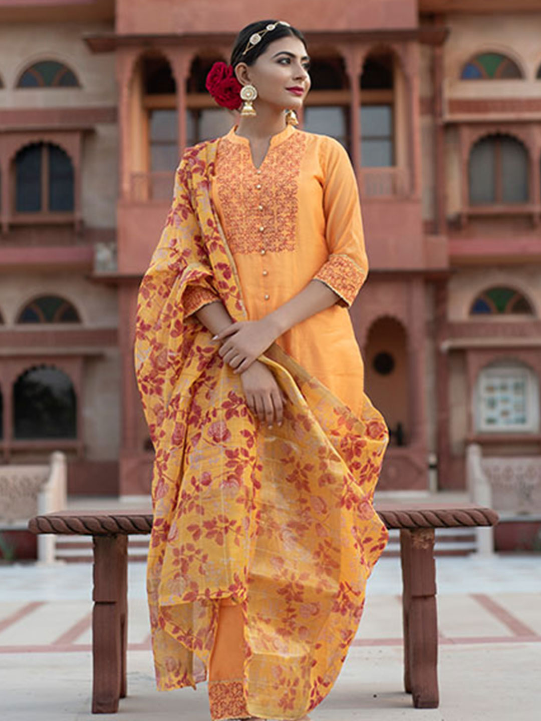 Yellow Solid Straight Chanderi Kurta With Palazzos & Dupatta